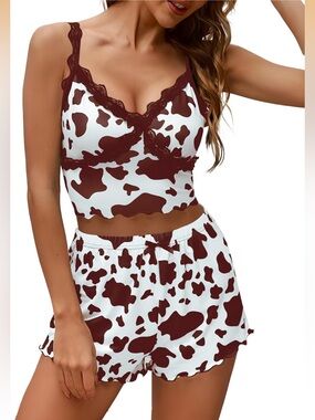 Lace-Trim Cow Print Bralette & Short Set